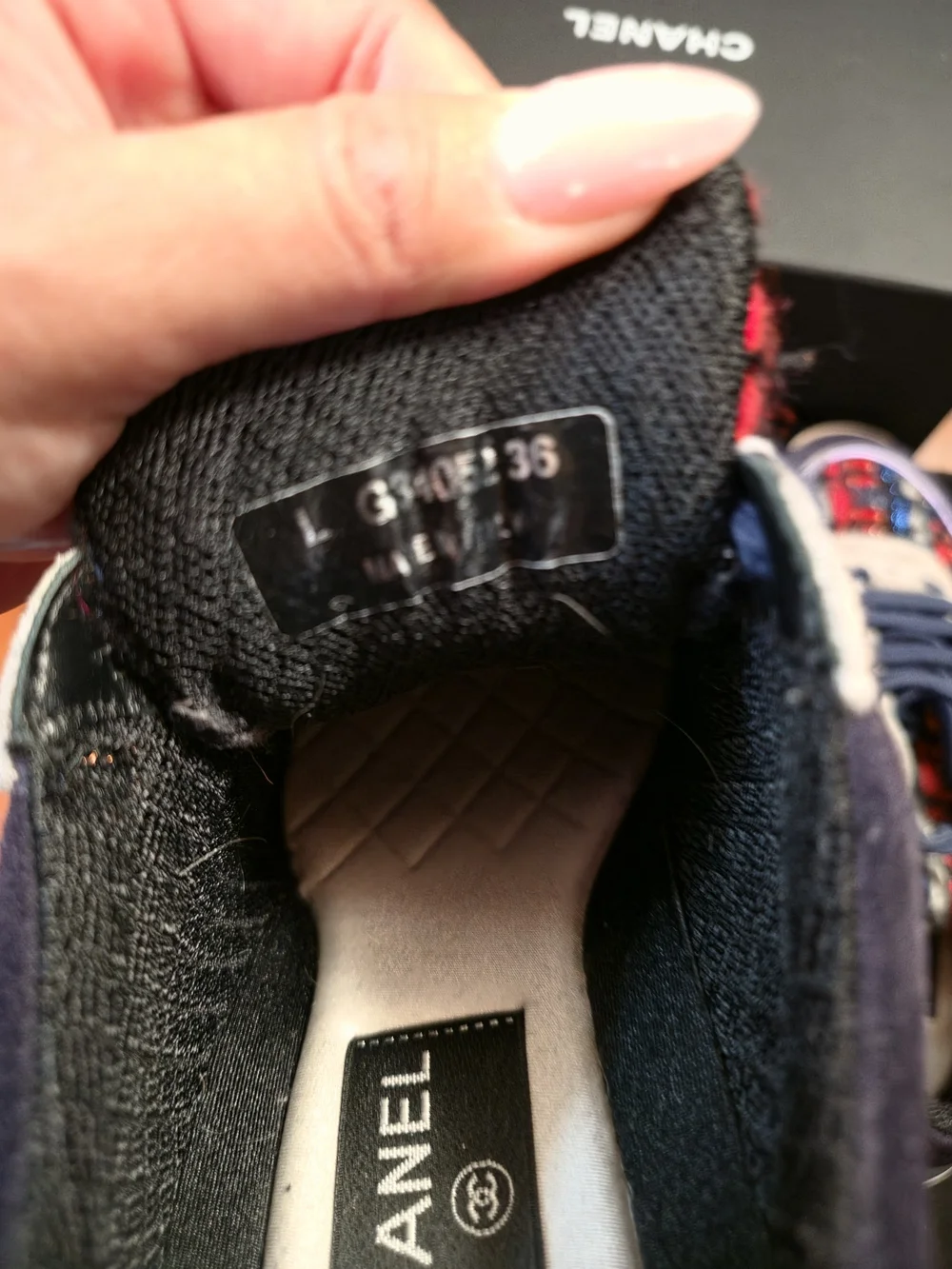 CHANEL Navy, Red and Gray Tweed Kids Sneakers